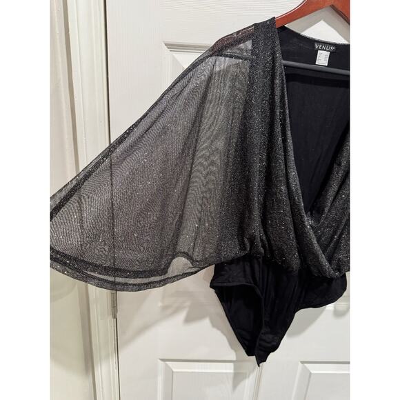 Venus Black Sparkly Glitter Faux Wrap Bodysuit Flounce Dolman Sleeves Size Large - Picture 2 of 5